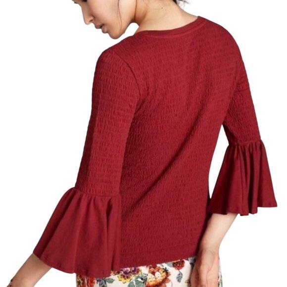 Anthropologie Smocked Red Textured Bell Sleeve Scoop Neck Top XL - Picture 3 of 16